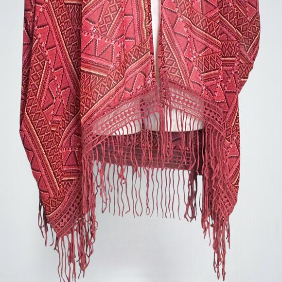 Bit & Bridle Fringe Kimono Cardigan Plus One Size Aztec Fuchsia Burgundy Boho - Picture 5 of 8